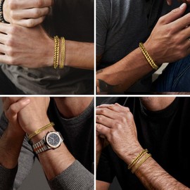 Men's Bracelet Stainless Steel Bracelets Curb Chain – 2 Pieces Silver Black Gold Men's Bracelets for Men Boys Cuban Bracelet 8 mm Width 19 cm / 21 cm Length Gifts for Dad Son Brother Husband,