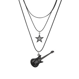 QIAOLEHUI Star Pendant Vintage Necklace Punk Star Choker Rock Roll Guitar Layered Necklace for Women Men Bar Party Jewelry Accessories, Large, Metal, No Gemstone