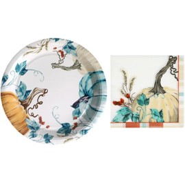 Greenbrier International Pumpkin Harvest Paper Plates and Napkins, White, Orange, Blue, Printed, 9 in plates and 5 inch napkins