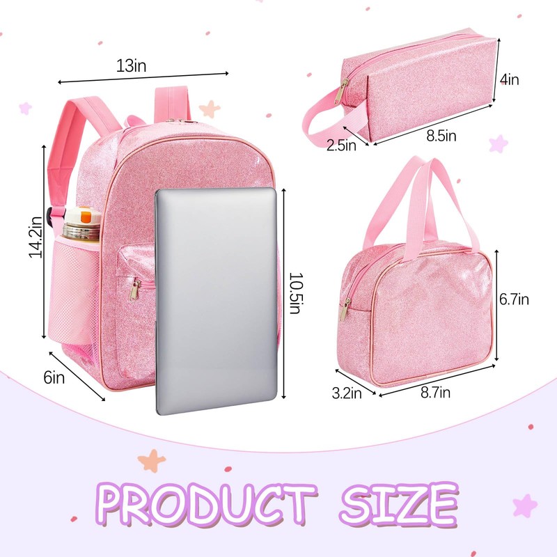Bulyoou 3 Pcs Pink Glitter Backpack with Lunch Bag Pencil