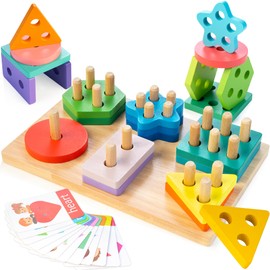 AMAWOOD Montessori Toys for 1 2 3 Year Old, Wooden Sorting & Stacking Blocks Toys for Toddlers 1-3, Colorful Educational Shape Sorter and Learning Puzzles Toys, Ideal Gift for Baby Boys Girls