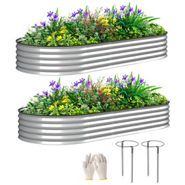 Outsunny 2PCS Galvanized Raised Garden Bed, 7' x 3' x 1' Raised Beds for Gardening with Plant Support Stakes, Rubber Strap Edging and Gloves, Metal Planter Box for Vegetables, Flowers, Silver