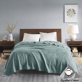 Madison Park 100% Egyptian Cotton Breathable Cozy Blanket, Premium Knit Luxury Season Lightweight Cover for Bed, Couch and Sofa, Full/Queen(90"x90"), Teal