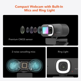 Nuroum V15AFL 2K Webcam with Ring Light, Auto Focus 1080P 60fps PC Camera with Microphone, 75° Field of View/Noise Reduction/Light Correction, Streaming Camera USB Plug & Play for OBS/Zoom/Teams,