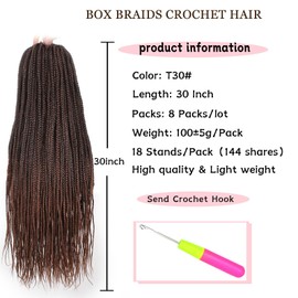 30 Inch Box Braids Crochet Hair 144 Strands Pre-looped Long 3X Braids Twist Braiding Hair Extensions Synthetic Ombre Crochet Hair for Women(18Strands/pack T30#)