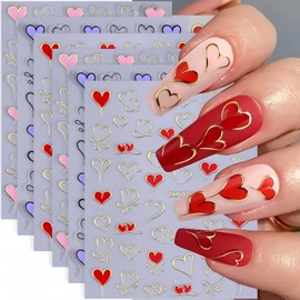 Heart Nail Art Stickers 6 Sheets Valentine's Day Nail Decals 3D Self Adhesive Hearts Nail Sticker Pink Purple Red Gold Heart Love Nail Art Design Holiday Manicure Nail Accessories for Women Girls