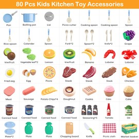Funpynani 80Pcs Kitchen Playset, Toddler Pretend Cooking with Pots, Pans, Cookware, Food, Picnic Blanket, Fruits, Veges, Shopping Storage Basket, Dessert, Learning Gift for Girls Boys (Blue)