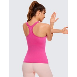 CRZ YOGA Womens Seamless Ribbed Racerback Tank Tops with Built in Bra - Padded Scoop Neck Slimming Athletic Long Camisole Hibiscus Purple Large