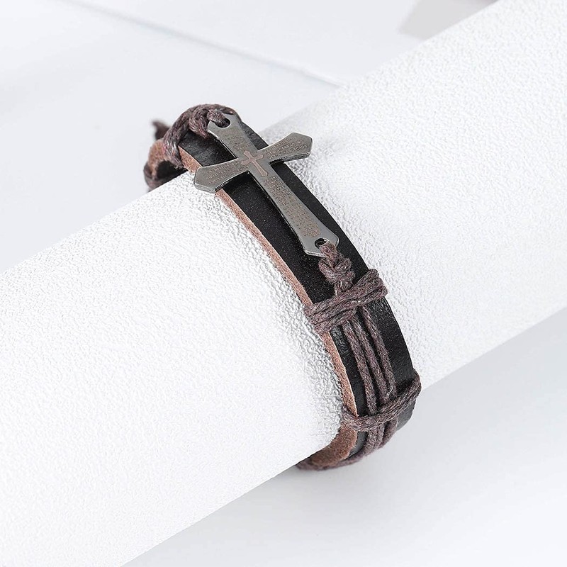 Branets Mens Leather Bracelet Bible Text Cross Bracelet Adjustable Wristband