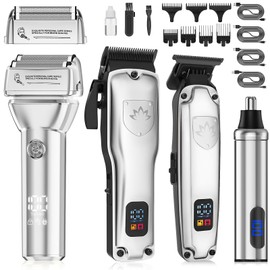 Dumite Dumite Hair Clippers for Men,4 in 1 Professional Hair Clippers T-Blade Trimmer Electric Foil Shaver Nose Hair Trimmer Set,Cordless Barber Hair Cutting Men's Grooming Kit LCD Display Gifts (Silver)