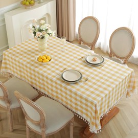 Laolitou Checkered Tablecloth Rectangle Washable Buffalo Plaid Picnic Table Cloth with Tassel Cotton Linen Gingham Table Cover for Dining Room, Yellow, Rectangle, 55''x86'', 6-8 Seats