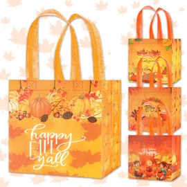Hying 12PCS Thanksgiving Gift Bags for Gift Wrap Kids, Reusable Fall Themed Gift Bags with Handle Turkey Pumpkin Harvest Grocery Shopping Candy Bags for Autumn Thanksgiving Fall Party Favors Supplies