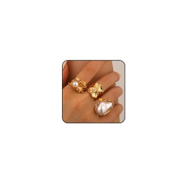 Gold Chunky Rings for Women Non Tarnish Baroque Pearl Stackable Rings Statement 3Pcs Adjustable Ring Set Chunky Jewelry (Gold)