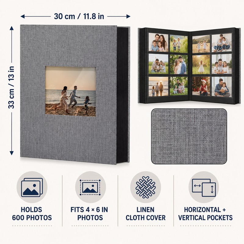 Linen 4x6 Photo Album with Cover Window, 200/300/600 Pockets