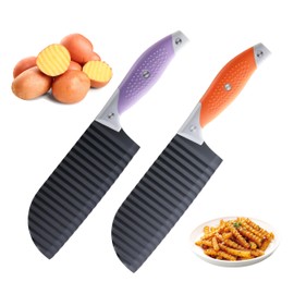 2 PCS Crinkle Cutter Knife, JJOO Stainless Steel Crinkle Cutter for Veggies, French Fry, Potato, Cucumber, Carrot and Fruit, Wave Fries Cutter Slicer Knife With Ergonomic Handle, Dishwasher Safe