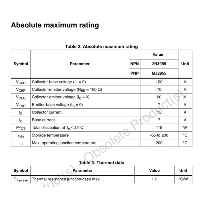 ST 2N3055 NPN Power Transistor ST Ic=15A(max) hFE=20-70 Vbe=1.8Vmax US