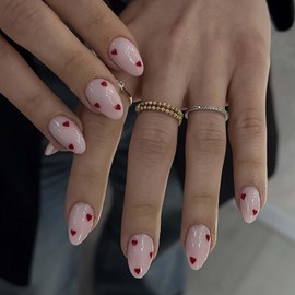 Generic Short Pink Oval Heart Fake Nails - 24pcs Set (24 Fl Oz) - Glossy Finish - ABS Material - Press On Nails - French Style