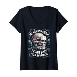 Womens Reaper PTSD My Demons Know I Fight Mental Health Awareness V-Neck T-Shirt