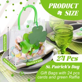 24 Pcs Clear St. Patrick's Day Gift Bag with Raffia Lucky Clover Tag Plastic St. Patrick's Day Party Favor Bag Shamrock Goodie Bag Clover Irish PVC Wrap Bag with Handle for Party Supplies