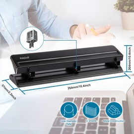 Eagle Desk Hole Punch 3 Holes Paper Punch Heavy Duty Capacity 12 Sheet Metal (Black)