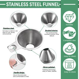 2PCS Stainless Steel Spice Funnel with Handle, Stainless Steel Funnels for Kitchen Use Transferring Liquid, Powder, Tiny Spices
