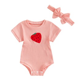 Newborn Infant Baby Girl Summer Outfit Romper Short Sleeve Jumpsuit with Bow Headband Set Spring Clothes (Multicolor Heart, 0-3 Months)