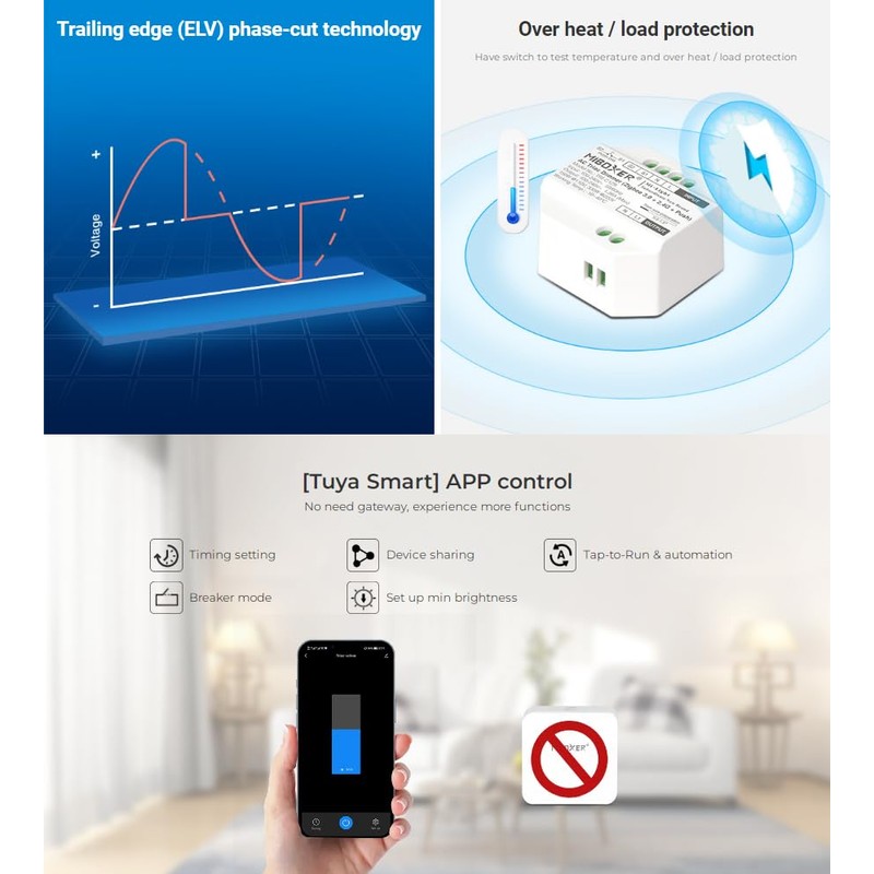LIGHTEU®, Milight Miboxer Smart AC Triac Dimmer (WiFi+2.4G+Push), Supports Tuya