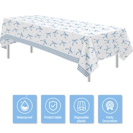 FVABO Blue Bow Party Decorations Tablecloth for Girl Boy Birthday Bachelorette Bridal Engagement Baby Shower, 3pcs Disposable Bow Theme Coquette Party Tablecover Supplies, 86in x 55in