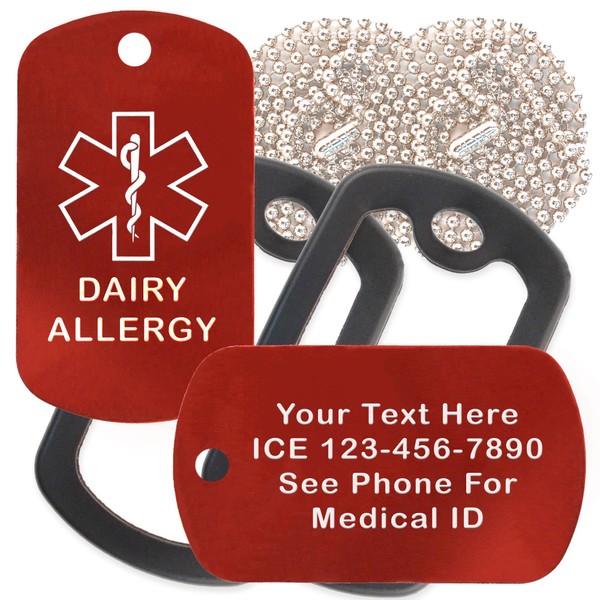Custom 2 Pack - Dairy Allergy Medical Alert ID Necklaces with Red Custom Tags, Black Silencers, and 30'' USA Chains