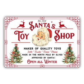Santa's Toy Shop Metal Tin Sign Vintage Retro Christmas Decor Wall Art for Farmhouse Home Kitchen Cafe Family Living Room Decor Holiday Gift 8x12 inch