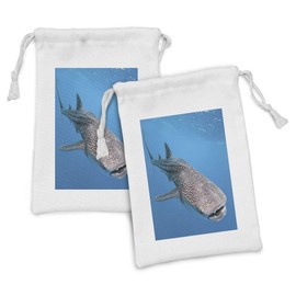 Ambesonne Sea Animals Fabric Pouch Set of 2, Whale Shark Swimming Predators Hunter Clear Water Under the Sea Picture Print, Small Drawstring Bag for Toiletries Masks and Favors, 9" x 6", Dimgray Blue