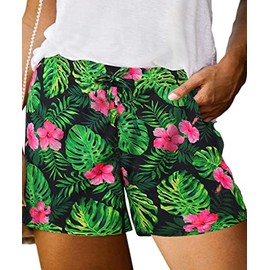 RITERA Shorts Pants for Women Plus Size Summer Casual Vacation Pant with Pocket Oversized Beach Lounge Short Tropical Leaf Print Drawstring Flowy Short Pant 3X 3XL 22W 24W