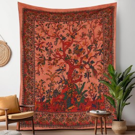Craft Trade Tree of Life Tapestry for Bedroom Hippie Wall Hanging Tapestries for Living room Indian Bedspread Tie Dye Cotton Wall Tapestry Dorm Decor Decorative - Orange, 84x90 Inches