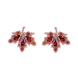 Rhinestone Maple Leaf Earrings for Women 925 Sterling Silver Shiny Crystal Ruby Red Cubic Zirconia Fall Leaf Studs Earring Sparkly Red Autumn Thanksgiving Statement Jewelry (Rose Gold)