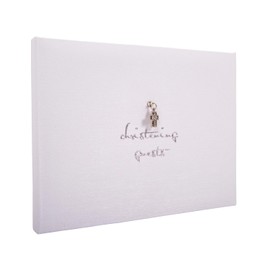 Happy Homewares Beautiful White Satin Fabric Christening Guest Book with Silver Metal Cross and Christening Guests in Stamped Foil Text | 40 Pages | Customize Information