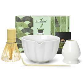 Artcome 4 Pcs Japanese Matcha Tea Set - Matcha Bowl with Pouring Spout, Matcha Whisk, Tea Scoop, Whisk Holder, Handmade Matcha Ceremony Kit For Japanese Tea Ceremony, Ivory