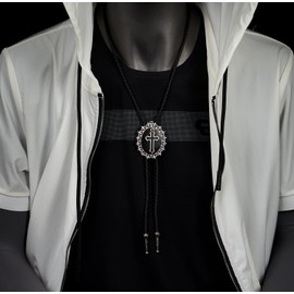 COOLSTEELANDBEYOND Vintage Bolo Tie Oval Cross Charm, Lariat Rodeo Long Y Necklace, Black Braided Leather, Black Leather, No Gemstone