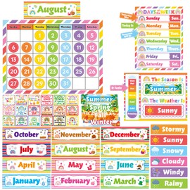 Colorful Classroom Calendar Bulletin Board Set Rainbow Stripes School Calendar Bulletin Board Set for Rainbow Classroom Decoration with Hook and Loop Dots Stickers