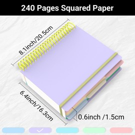 Yarotm Squared Notebook A5 - Spiral Notebook 120 Sheets - 90GSM Squared 5mm Paper Notepad - 16.3x20.5cm Soft Wirebound Notebooks with Dividers - Purple Grid Journal Notepad