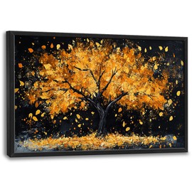 Olivine Fall Tree Large Wall Art, Black And Gold Pictures Wall Decor, Tree Of Life Canvas Prints Paintings, Framed Artwork for Dining Room Bedroom Living Room Office Bathroom Home Decoration 36"x24"