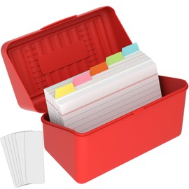 MaxGear 3x5 Index Card Organizer with Dividers, Plastic Box for Flash, Note, and Recipe Cards, Includes 100 Ruled Cards, 5 Color Dividers, 300 Card Capacity, Red