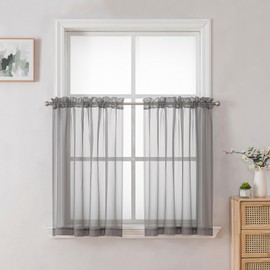 Chyhomenyc Sheer Curtains Tiers 42W x 24L Inches, Light Filtering Small Curtains, Short Bathroom Living Room Cafe Basement Voile Window Curtain, Rod Pocket, 2PCS, Charcoal Grey