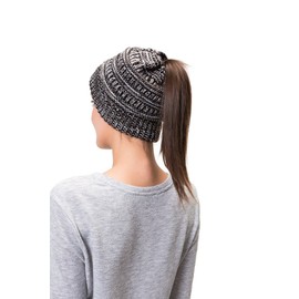 Lemef Women Cable Knit BeanieTail Messy Bun Ponytail Cap Warm Winter Beanie Hat Black Grey