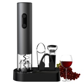 COKUNST 4-in-1 Electric Wine Opener Set, Cordless Automatic Stainless Steel Corkscrew with Base, Battery Operated Wine Bottle Opener with Foil Cutter, Wine Pour, Vacuum Stoppers, Gift for Home Party