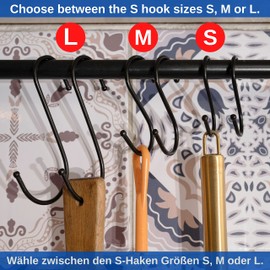 S-Hooks for Hanging, Pack of 8, in Black, Metal Hooks for up to Diameter 25 mm Rods, Length 68 mm, S Hooks for Kitchen, Clothes Rail, Garage, Pot, Pan, Cup, Hanging Hooks, Kitchen Hooks, Double Hook