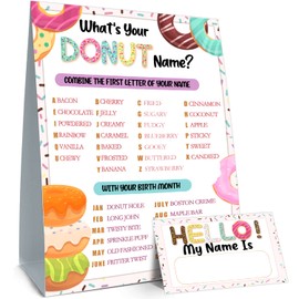 What is Your Donut Name Game, Donut Birthday Party Sign for Girls, Wedding, Anniversary, Holiday Activity, Kids Donut Activity Cards(1 Donut Theme Sign and 30 Name Tag Stickers)
