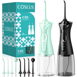 COSLUS 2-Pack Water Flosser for Teeth: Water Dental Pick Set with Refined Packaging for Couples Friends, 3 Modes & 8 DIY Levels for Sensitive Gums & Braces, Ideal for Family Sharing, Black & Green
