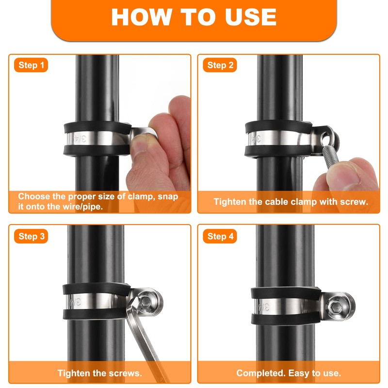 HARFINGTON 80pcs 304 Stainless Steel Cable Clamps 1/4"-3/4" Rubber Cushioned