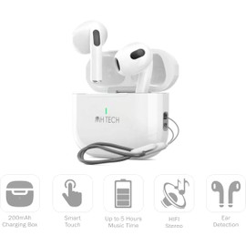 MH Tech Wireless Earbuds, Bluetooth, HiFi Stereo with Heavy Bass, Wrist Strap, Wireless Charging