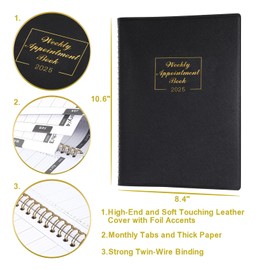 Appointment Diary 2025 - Diary 2025, A4 Week to View Hourly Planner, 15 Minutes Intervals, Appointment Book 2025, Personal & Work Organizer, 21.8 x 29 cm, Soft Leather Cover, Black